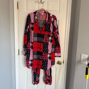 Victoria's Secret Pajama Set XL Red Pink Patchwork Plaid Logo Cotton VS PJ's